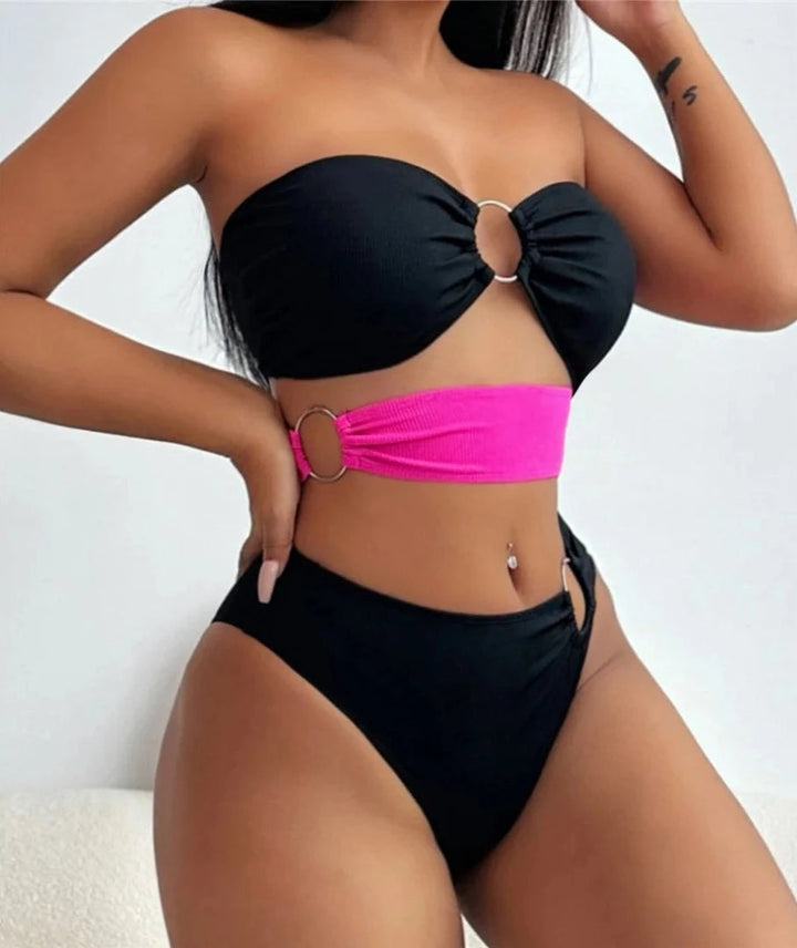 Contrast Bandeau Metal Rings Bikini-Cargo Chic