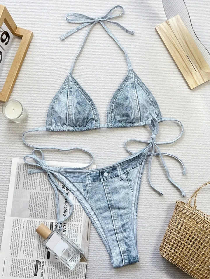 Denim Printed High Cut Bikini-Cargo Chic