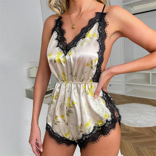 Floral Lace Suspender Pajamas-Cargo Chic