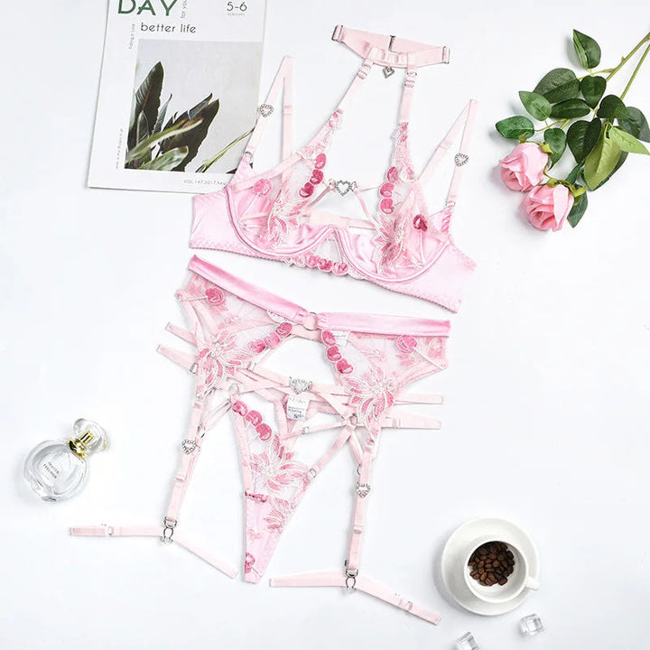 Halter Floral Embroidery Lingerie-Cargo Chic