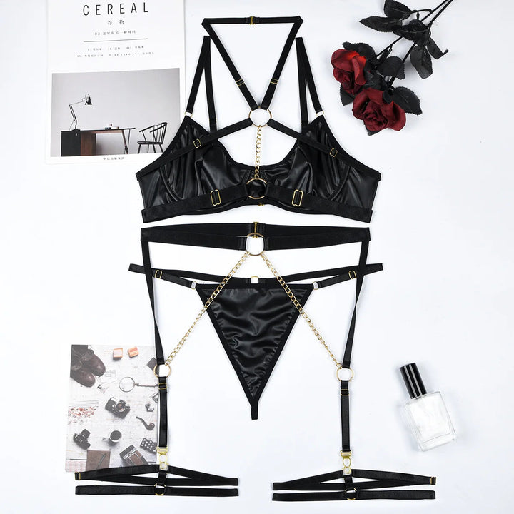 Leather Latex Lingerie Chain Lingerie Set-Cargo Chic