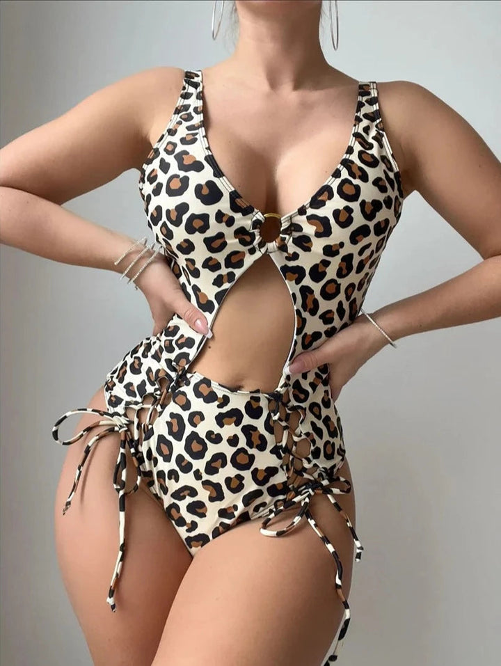 Leopard Print Cut Out Swim Suit-Cargo Chic