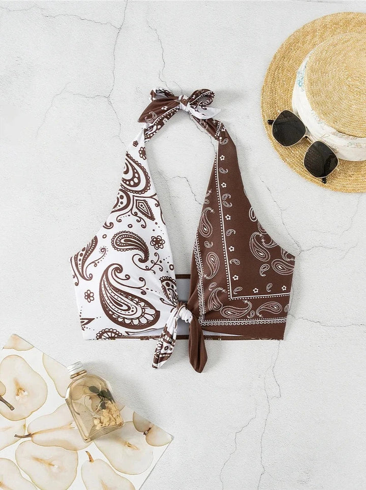 Paisley Splicing Knotted Bikini Top-Cargo Chic