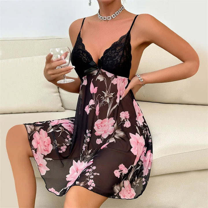 Part Floral Lace Chiffon Nightdress-Cargo Chic