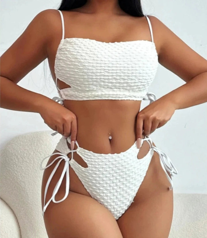 Pattern Crinkled Lace Up Bikini-Cargo Chic