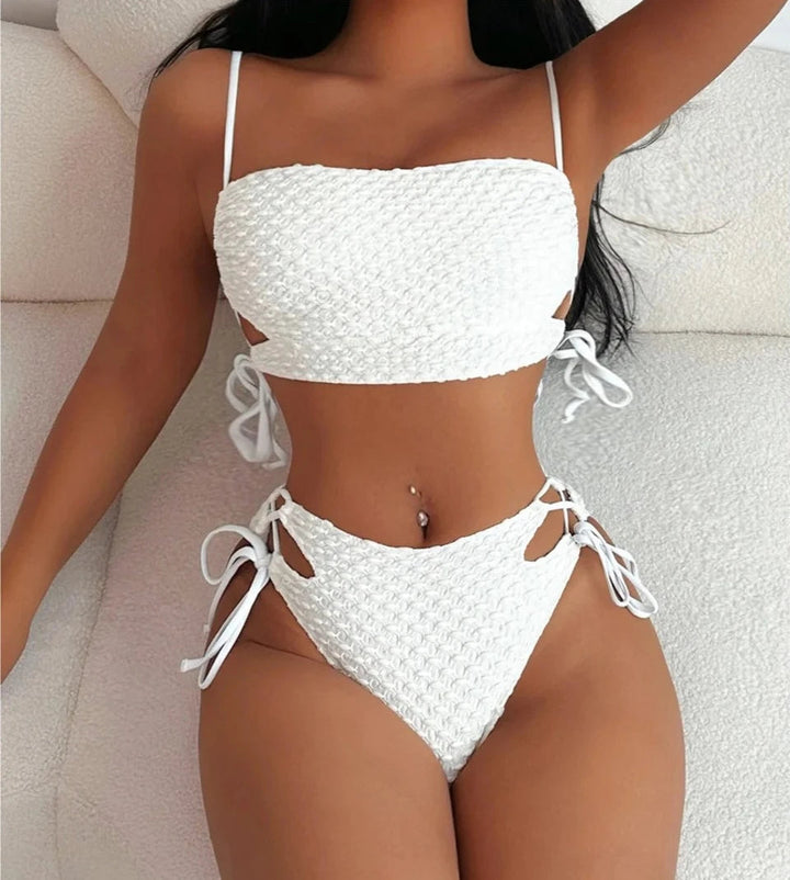 Pattern Crinkled Lace Up Bikini-Cargo Chic