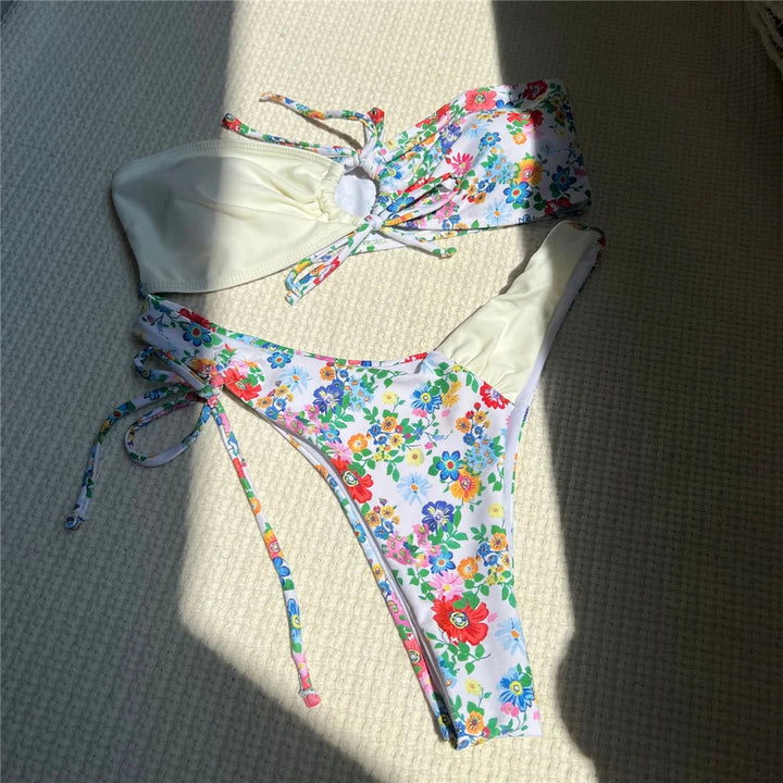 Printed Splicing Bandeau Bikini-Cargo Chic