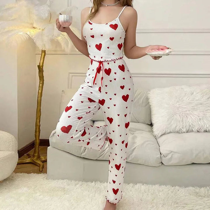 Ribbed Heart Print Pajamas-Cargo Chic