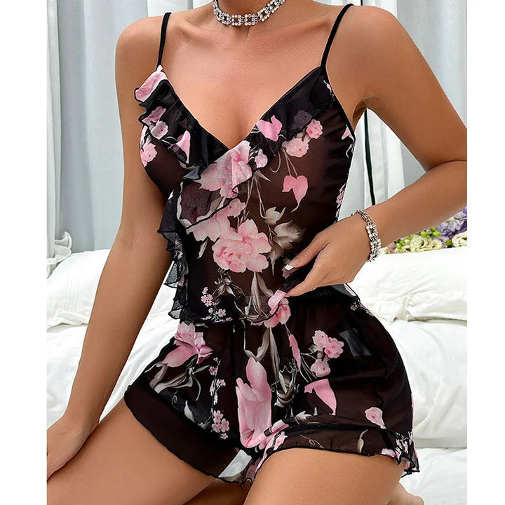 Ruffle Floral Mesh Pajama Set-Cargo Chic