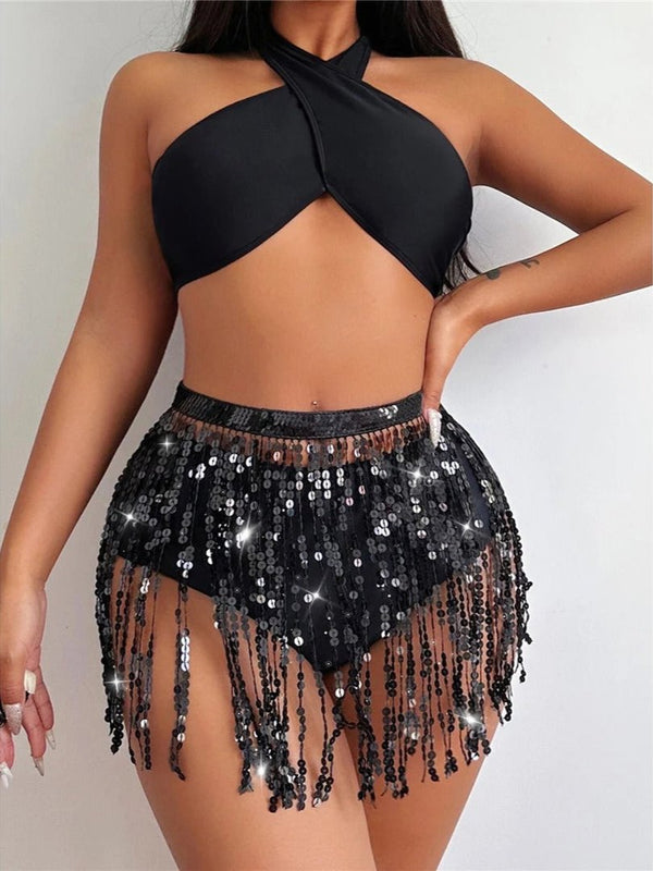 Sequin Fringed Halter Bikini