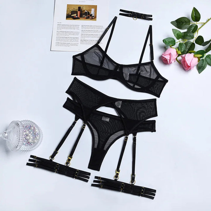 Transparent Lace 4PCS Lingerie Set-Cargo Chic