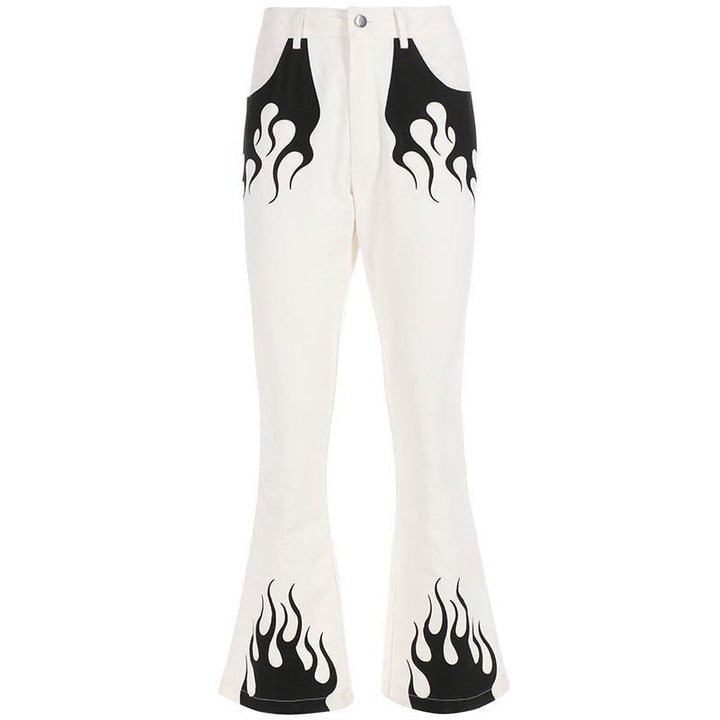 Flaming Fire Print Flare Cargo Pants - Cargo Chic