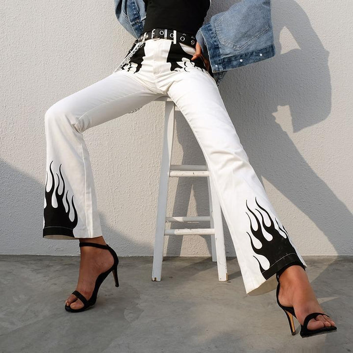 Flaming Fire Print Flare Cargo Pants - Cargo Chic