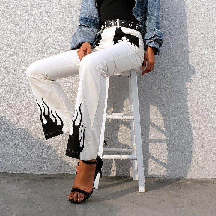 Flaming Fire Print Flare Cargo Pants - Cargo Chic