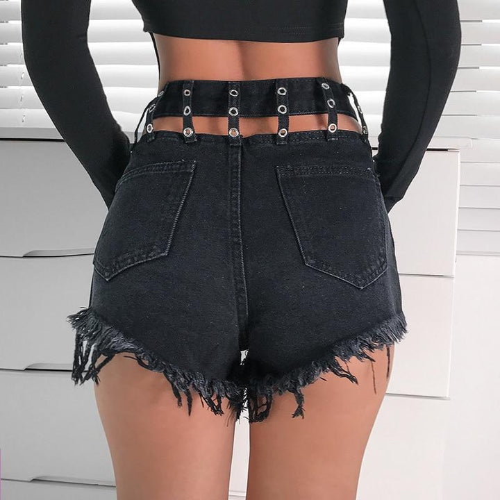 Hollow Back Eyelet Denim Shorts - Cargo Chic