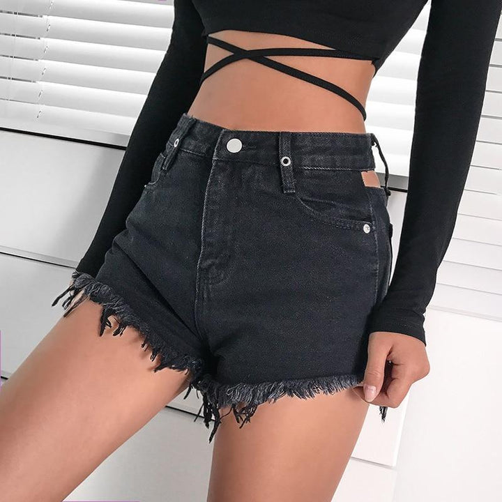 Hollow Back Eyelet Denim Shorts - Cargo Chic