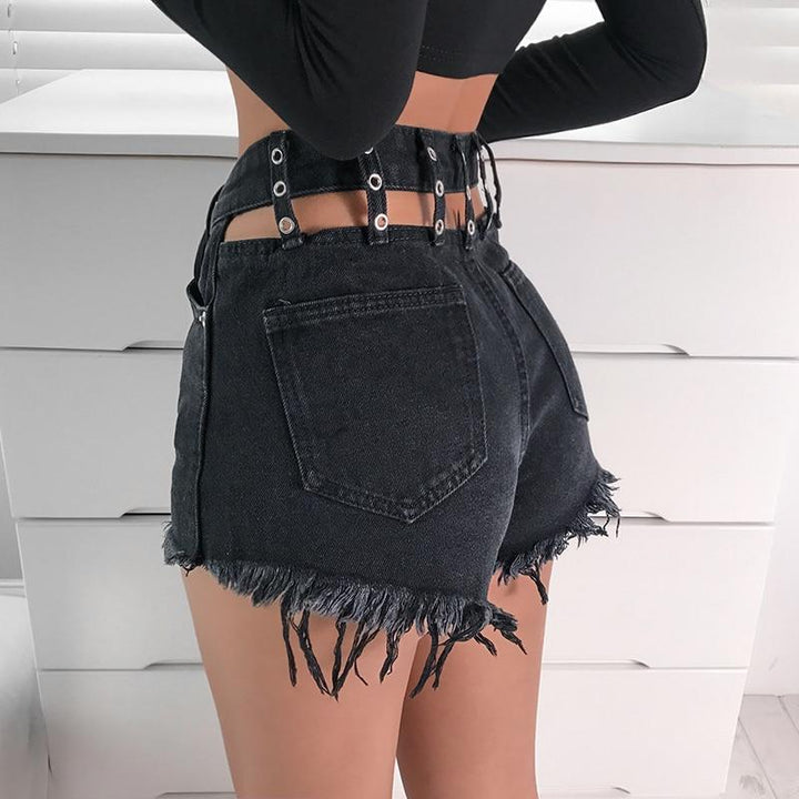 Hollow Back Eyelet Denim Shorts - Cargo Chic