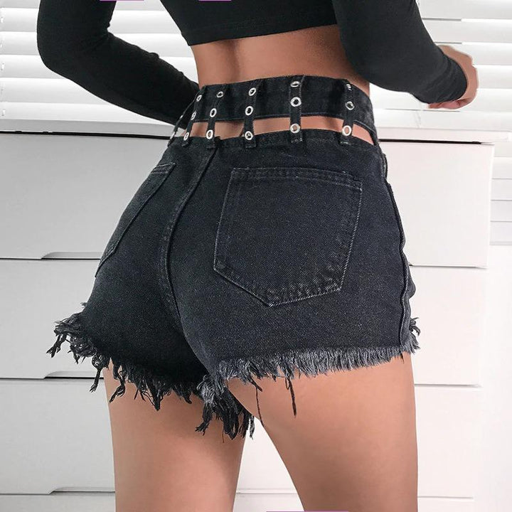 Hollow Back Eyelet Denim Shorts - Cargo Chic