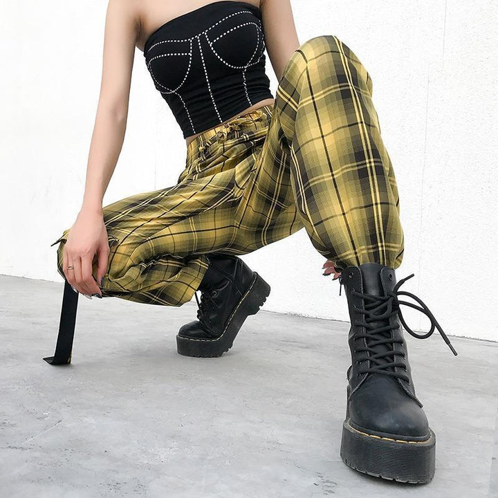 Ribbon Plaid Cargo Pants - Cargo Chic